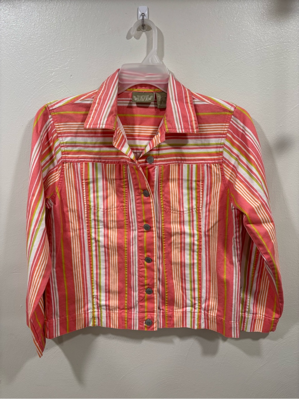 Striped Coral Pink Button-Front Jean Jacket
